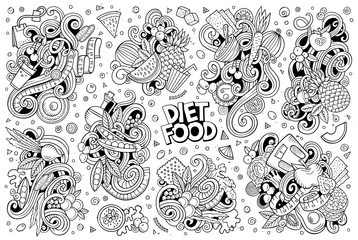 Vector doodles cartoon set of Diet food combinations of objects and elements