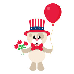 4 july cartoon cute dog in hat with flowers and balloon