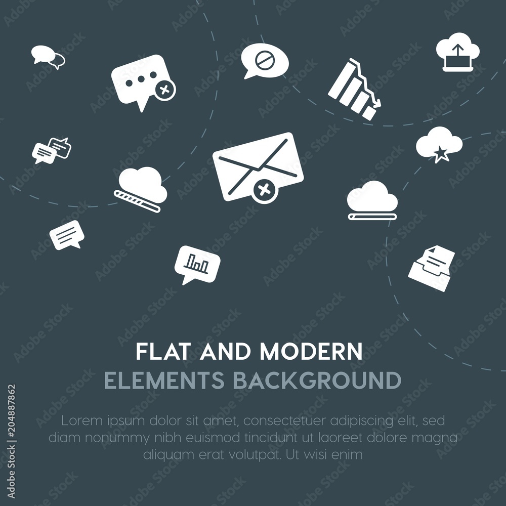 Poster cloud and networking, charts, chat and messenger, email fill vector icons and elements background co