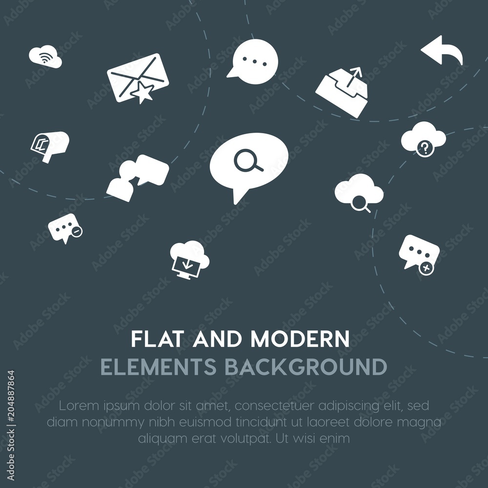 Poster cloud and networking, charts, chat and messenger, email fill vector icons and elements background co