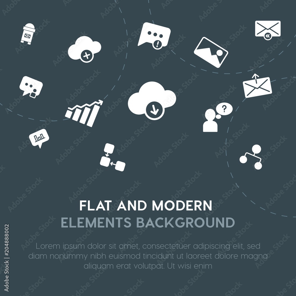 Poster cloud and networking, charts, chat and messenger, email fill vector icons and elements background co