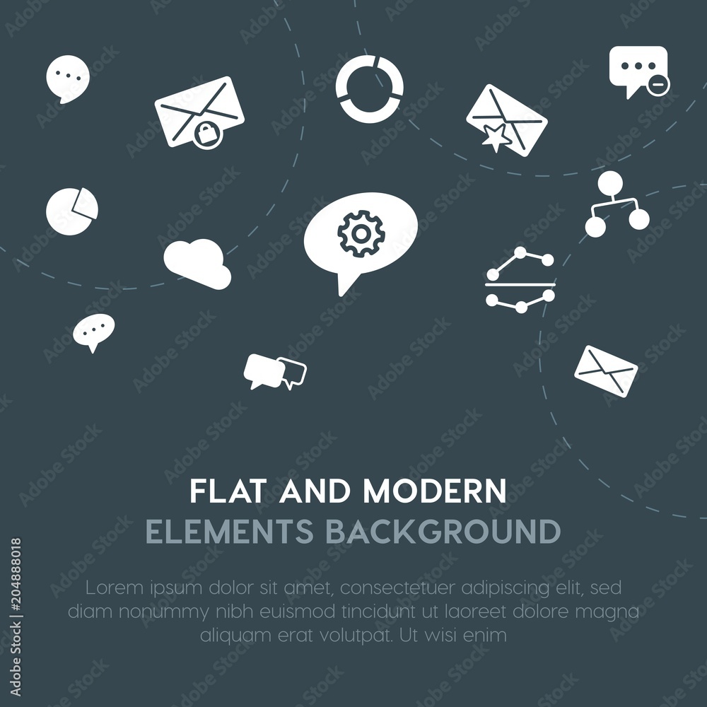 Poster cloud and networking, charts, chat and messenger, email fill vector icons and elements background co