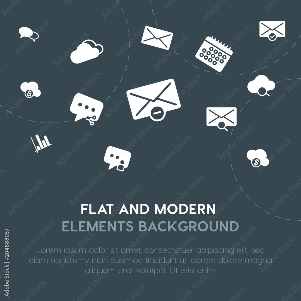 Poster cloud and networking, charts, chat and messenger, email fill vector icons and elements background co