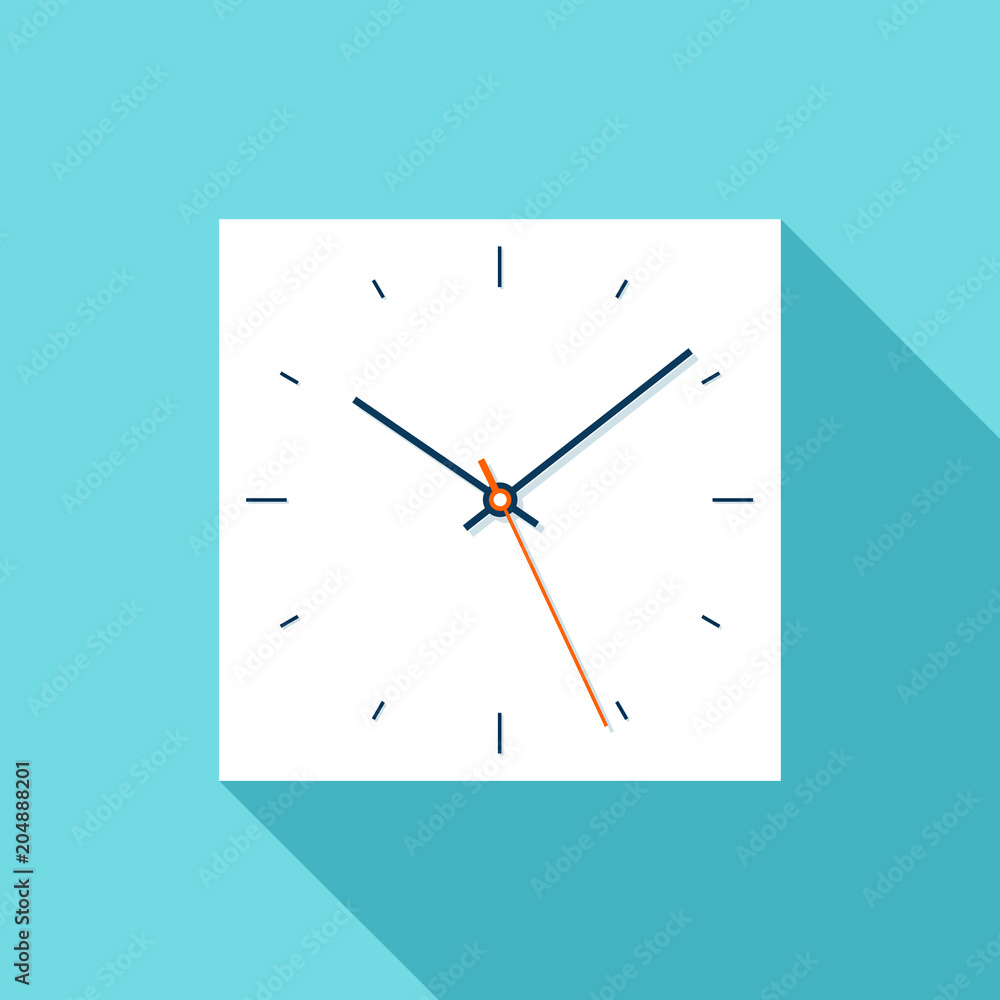 Poster clock icon in flat style, square minimalistic timer on blue background. simple business watch. vecto
