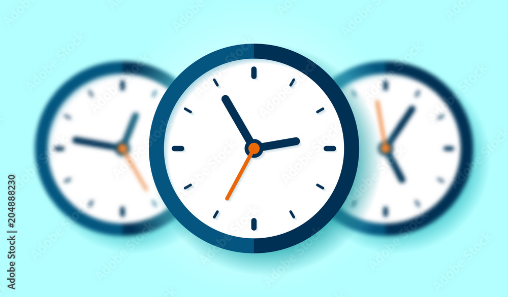 Poster three clock icons in flat style, round timer on blue background. business watch. blurred objects. ve