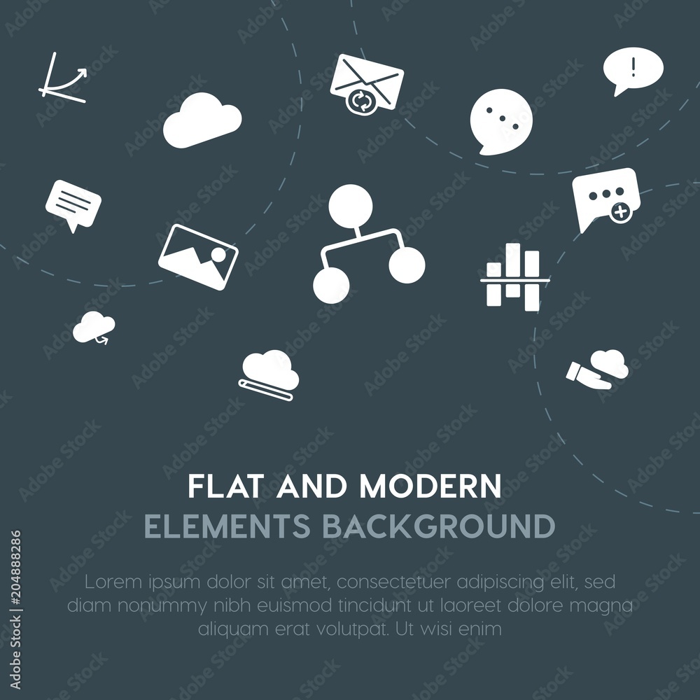 Poster cloud and networking, charts, chat and messenger, email fill vector icons and elements background co