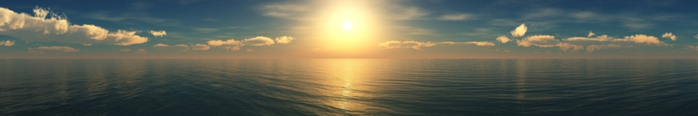 Naklejka na ściany i meble panorama of the ocean sunset, sea sunset, the sun in the clouds over the water, 3D rendering 