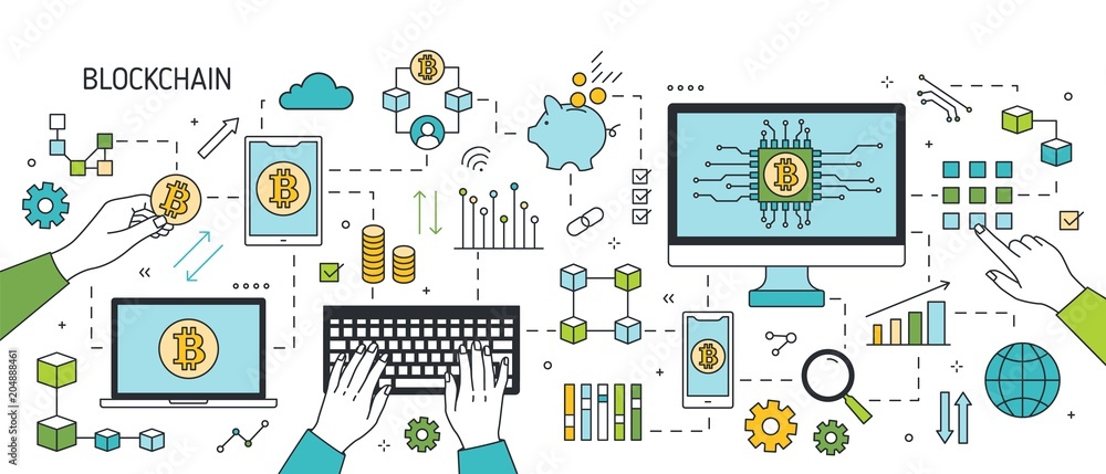 Poster creative horizontal banner with hands, laptop, smartphone and other electronic devices, bitcoin symb