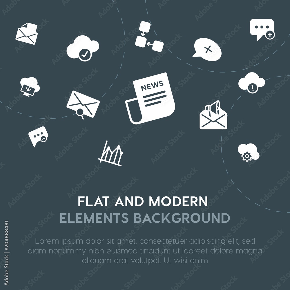 Poster cloud and networking, charts, chat and messenger, email fill vector icons and elements background co