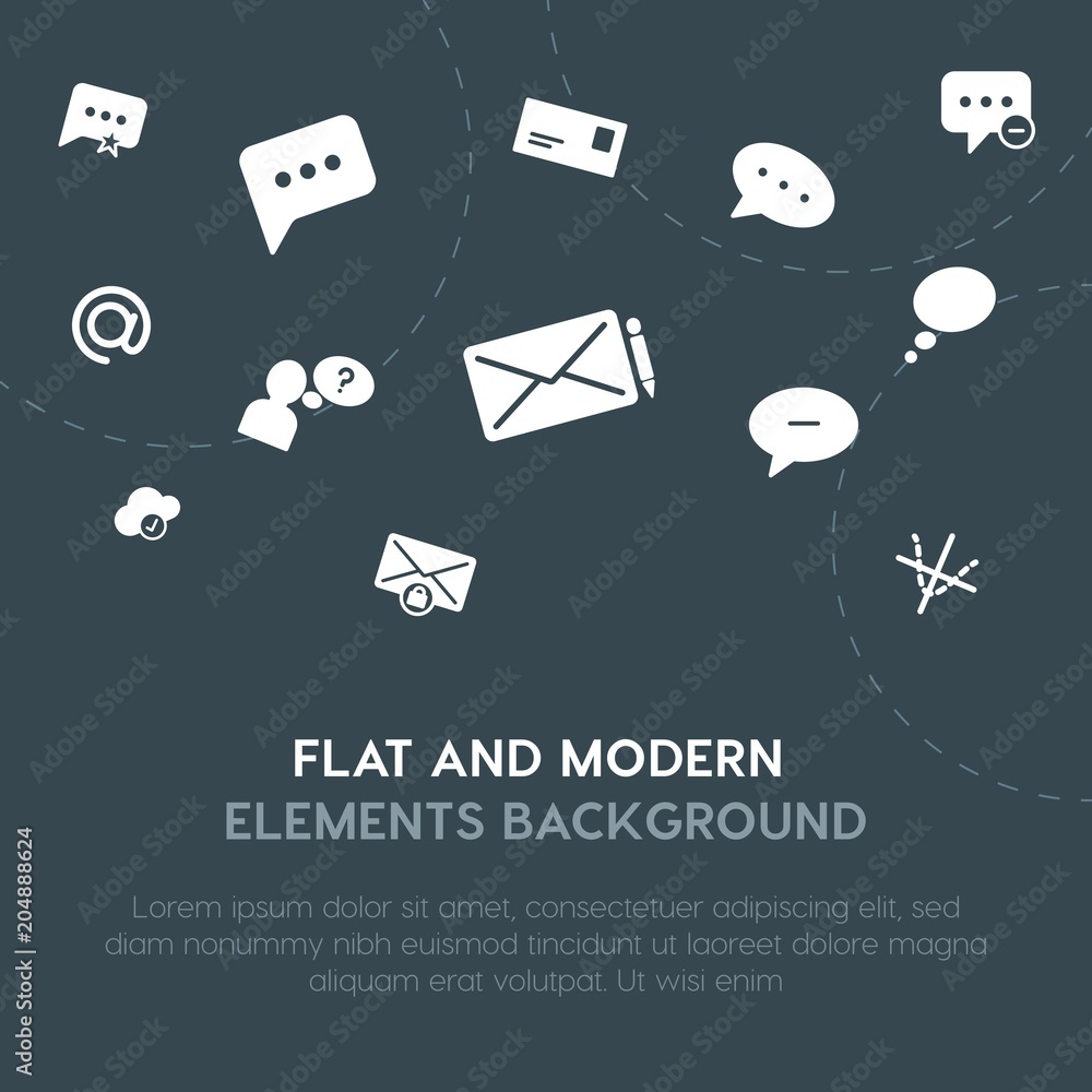 Poster cloud and networking, charts, chat and messenger, email fill vector icons and elements background co