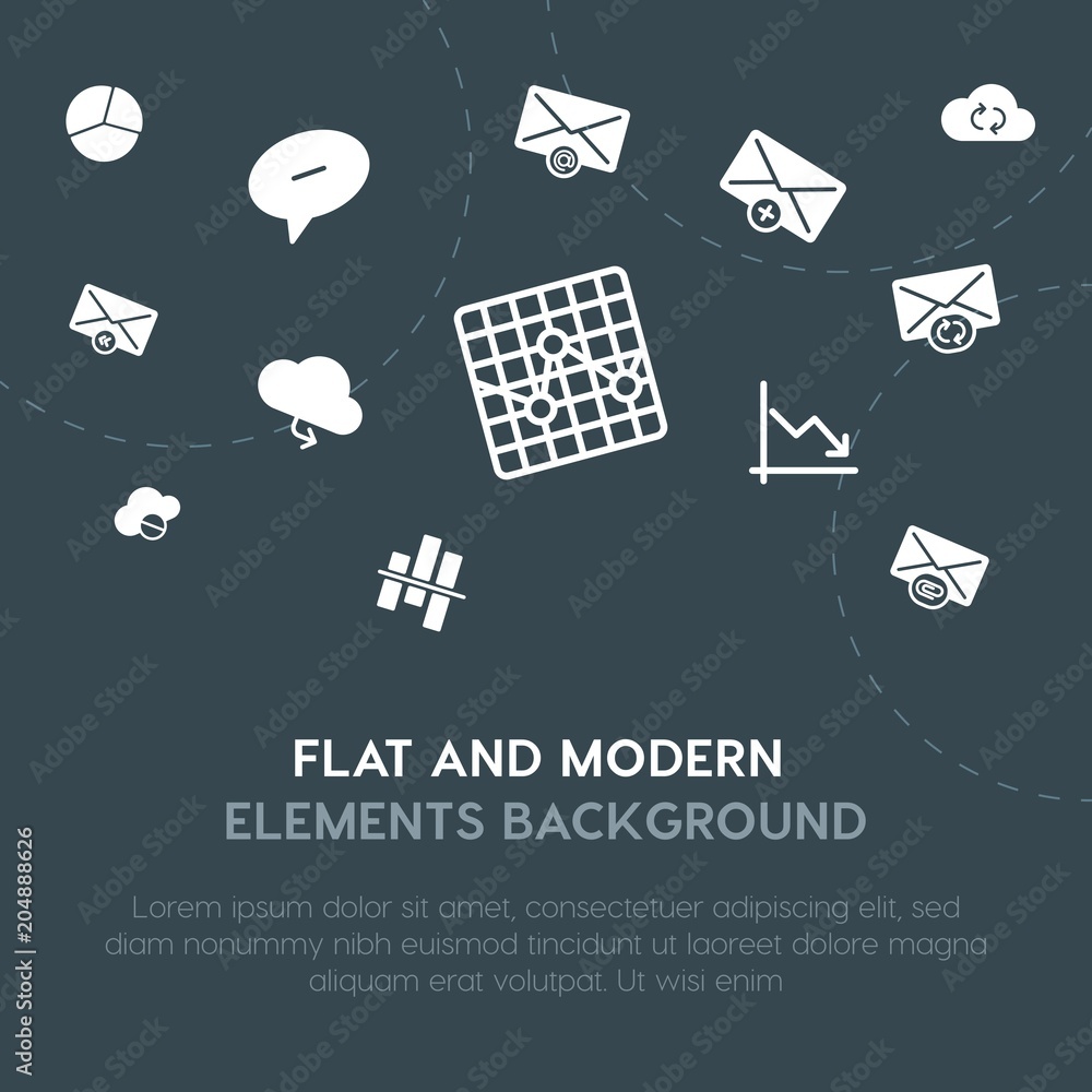 Poster cloud and networking, charts, chat and messenger, email fill vector icons and elements background co