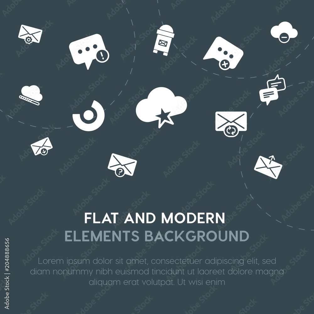 Poster cloud and networking, charts, chat and messenger, email fill vector icons and elements background co