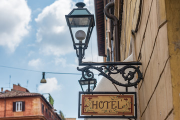 Hotel, Cartel, Foreshortening, Trastevere Neighborhood, Tourist,  Rome, Lazio, Italy, Europe