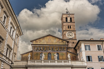 Church, Baroque fountain and Santa Maria in Trastevere at night, Piazza Santa Maria in Trastevere, Rome, Lazio, Italy, Europe