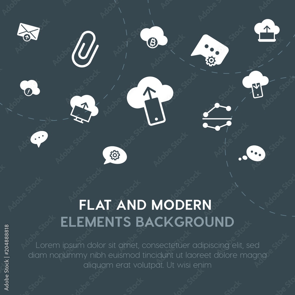 Poster cloud and networking, charts, chat and messenger, email fill vector icons and elements background co