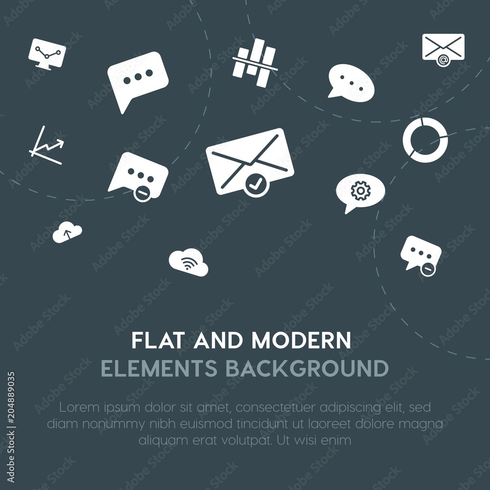 Poster cloud and networking, charts, chat and messenger, email fill vector icons and elements background co