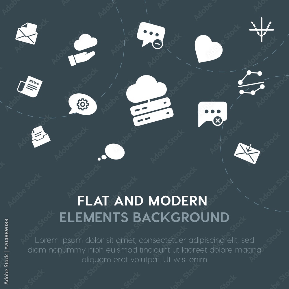 Poster cloud and networking, charts, chat and messenger, email fill vector icons and elements background co