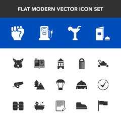 Fototapeta premium Modern, simple vector icon set with gasoline, brochure, cooking, cannon, paper, gun, drink, fuel, air, tree, food, animal, human, nature, hot, alcohol, station, grater, cheese, landscape, forest icons