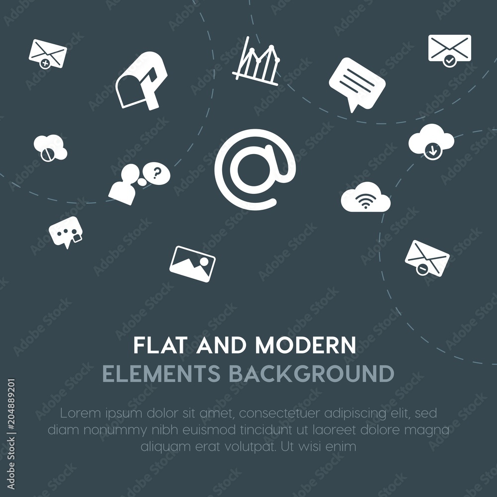 Poster cloud and networking, charts, chat and messenger, email fill vector icons and elements background co