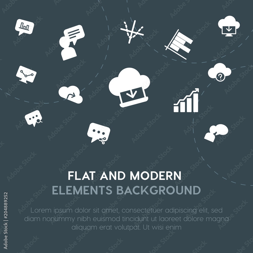 Poster cloud and networking, charts, chat and messenger, email fill vector icons and elements background co