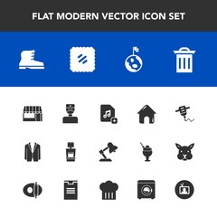 Modern, simple vector icon set with space, globe, estate, food, table, hand, doctor, store, leather, waste, garbage, postage, xray, recycle, earth, nature, building, scan, equipment, hospital icons