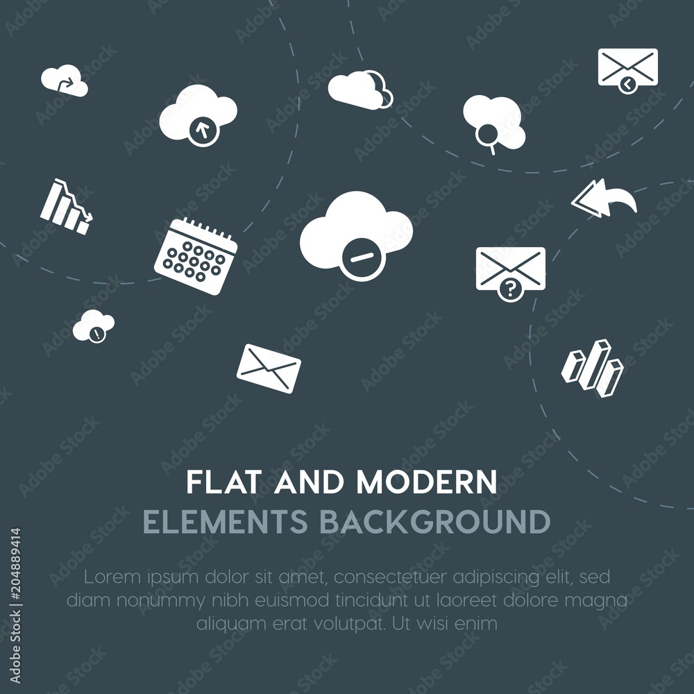 Poster cloud and networking, charts, chat and messenger, email fill vector icons and elements background co