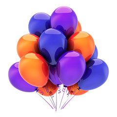Party balloons colorful. Birthday balloon bunch decoration multicolored blue orange purple. Holiday, celebration, carnival symbol. 3d illustration isolated