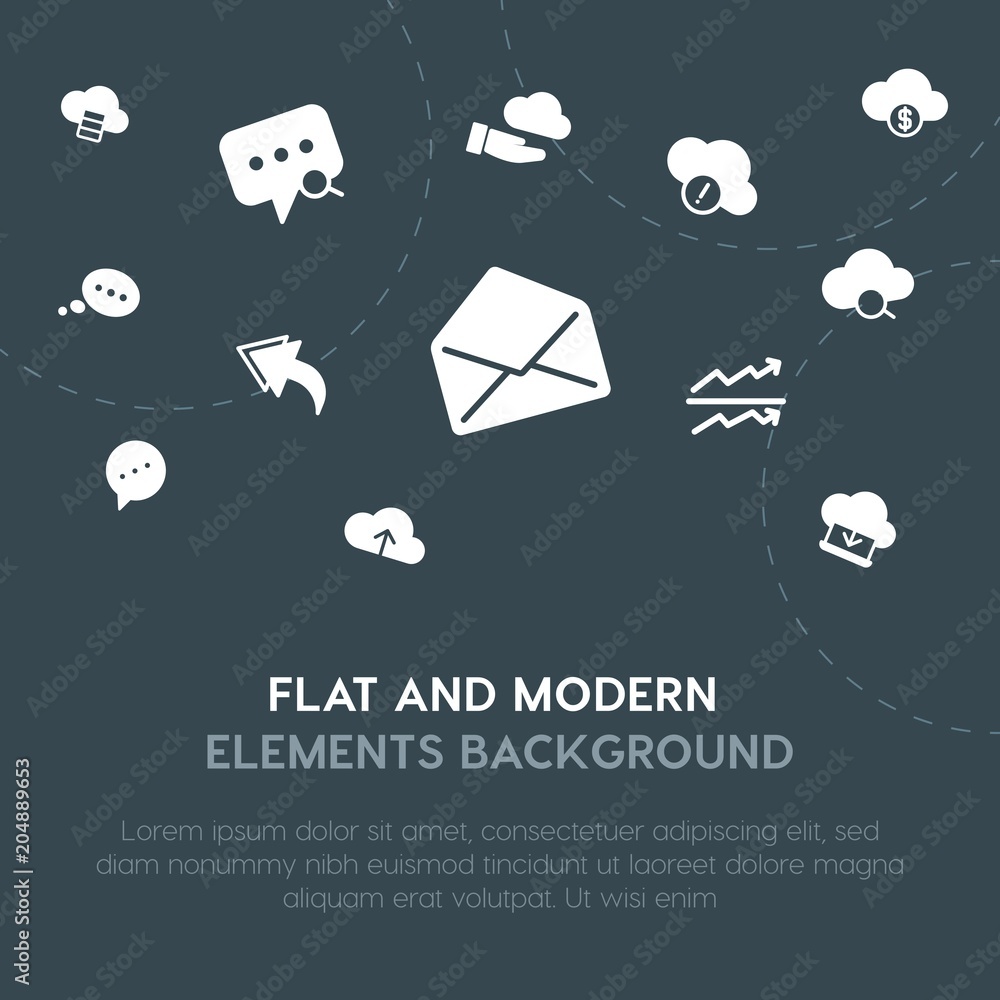 Poster cloud and networking, charts, chat and messenger, email fill vector icons and elements background co