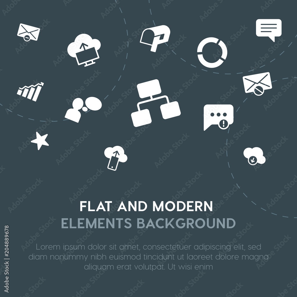 Poster cloud and networking, charts, chat and messenger, email fill vector icons and elements background co
