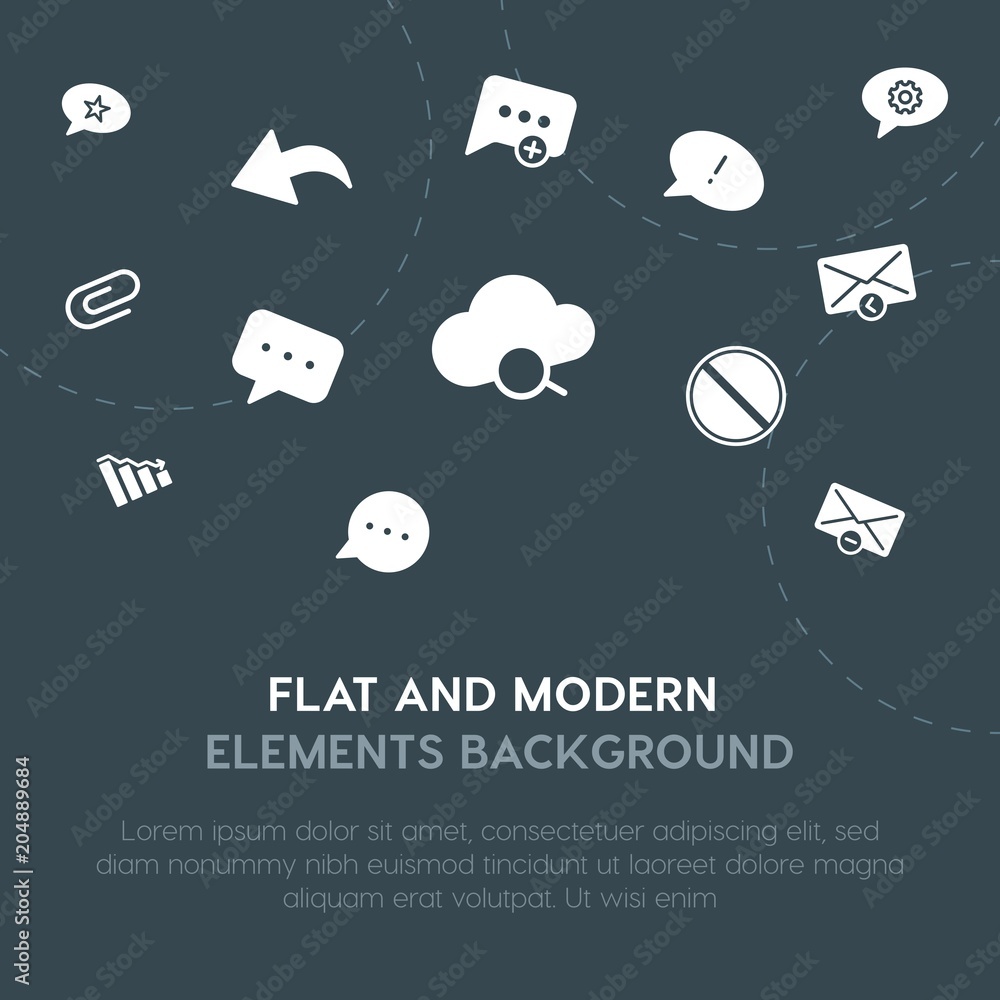 Poster cloud and networking, charts, chat and messenger, email fill vector icons and elements background co