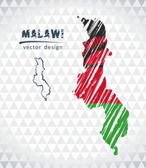 Malawi vector map with flag inside isolated on a white background. Sketch chalk hand drawn illustration