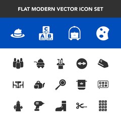 Modern, simple vector icon set with tag, price, home, magic, discount, clothing, play, food, bedroom, service, doughnut, equipment, table, sport, beverage, headwear, room, drink, child, dinner icons