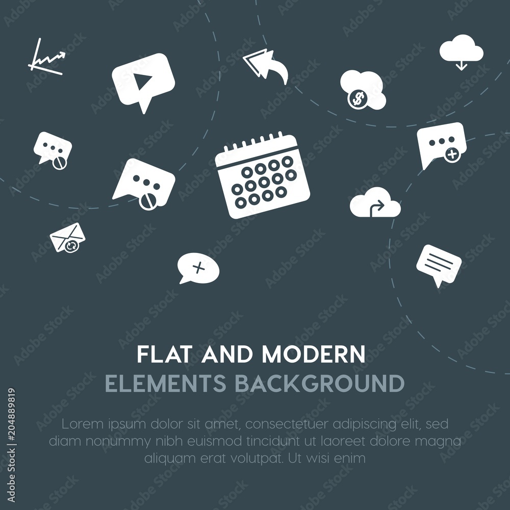 Poster cloud and networking, charts, chat and messenger, email fill vector icons and elements background co
