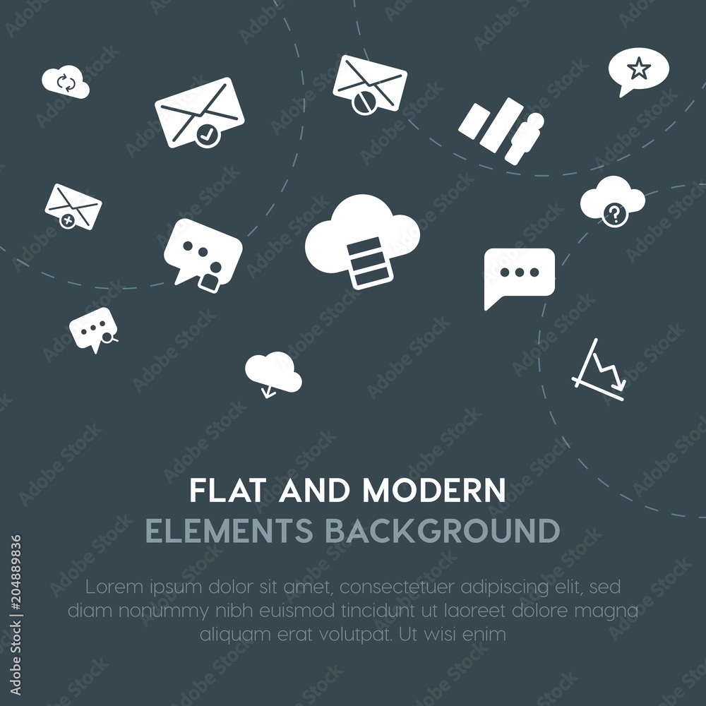 Poster cloud and networking, charts, chat and messenger, email fill vector icons and elements background co