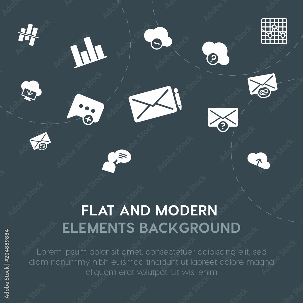Poster cloud and networking, charts, chat and messenger, email fill vector icons and elements background co