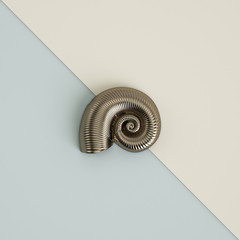 Silver seashell sculpture on pastel blue-ivory background. 3d rendering