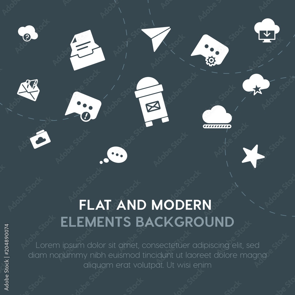 Poster cloud and networking, charts, chat and messenger, email fill vector icons and elements background co