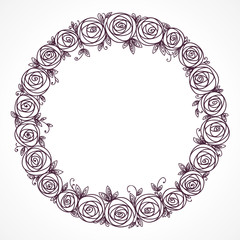 Floral wreath. Rose flowers bouquet. Branch of stylized flowers and leaves interlacing