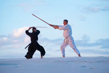 Two men practicing martial arts with a traditional Japanese weapon