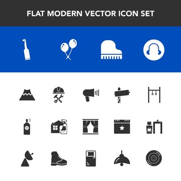 Modern, simple vector icon set with speaker, arrow, exercise, paint, athlete, housework, spray, direction, foreman, tooth, megaphone, celebration, piano, brush, curtain, electric, cleaner, car icons