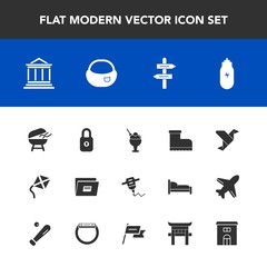 Modern, simple vector icon set with rucksack, creative, arrow, barbecue, work, style, bank, security, sweet, kite, ice, direction, bag, dessert, leisure, business, lock, food, lifestyle, paper icons