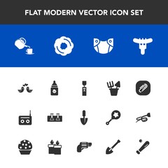 Modern, simple vector icon set with food, cup, tea, laboratory, shovel, sand, paper, media, nutrition, background, water, paperclip, care, radio, bird, science, clip, dessert, test, equipment icons