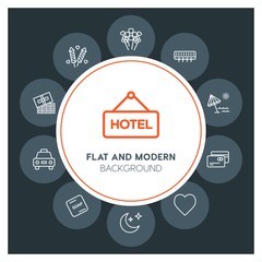 hotel, travel, valentine Infographic Circle outline Icons Set. Contains such Icons as  business,  website,  elements,  background,  pattern,  banner,  slider and more. Fully Editable. Pixel Perfect
