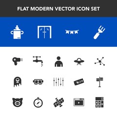 Modern, simple vector icon set with spoon, monster, milk, chemistry, technology, molecule, dinner, architecture, bathroom, mask, entrance, nutrition, spaceship, summer, equality, holiday, space icons