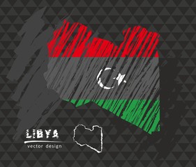 Libya map with flag inside on the black background. Chalk sketch vector illustration
