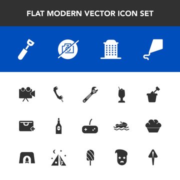Modern, simple vector icon set with wrench, kitchen, spoon, joy, summer, drink, wine, mark, kite, sign, phone, alcohol, tool, video, cocktail, camera, bar, house, sky, glass, exclamation, bag icons