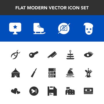 Modern, simple vector icon set with key, sign, star, fork, camera, kitchen, medical, accounting, health, music, table, cold, calculator, computer, plate, drill, hipster, winter, dinner, dentist icons
