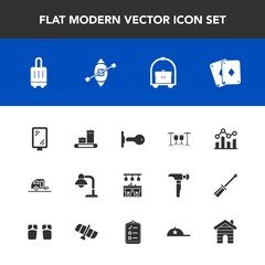 Modern, simple vector icon set with drum, chart, clothing, lamp, sign, sailboat, hat, caravan, decoration, trailer, road, graph, vacation, luggage, airport, door, business, play, baggage, cap icons