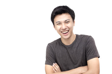 Closeup portrait of happy asian man face, isolated on white background with copy space.