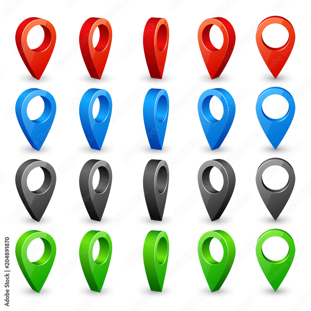 Poster color 3d map pins. place location and destination icons. navigation pin pointers vector symbols isol
